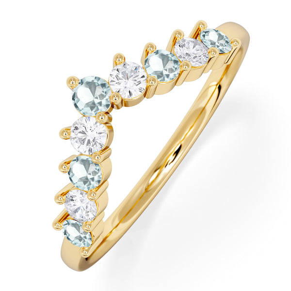 Aquamarine and Lab Diamond Wishbone Ring in 9K Yellow Gold